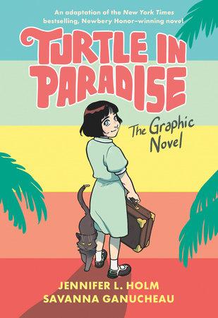 Title of book Turtle in Paradis. Girl holding a suitcase with palm trees on either side of her. 