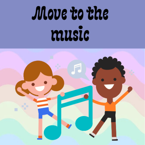 Move to the Music. Two children standing beside a large music note.