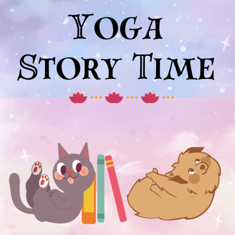 a cat is leaning on a stack of books while helping to hold up the books is a dog in a yoga pose. Text Yoga Storytime appears above the picture.