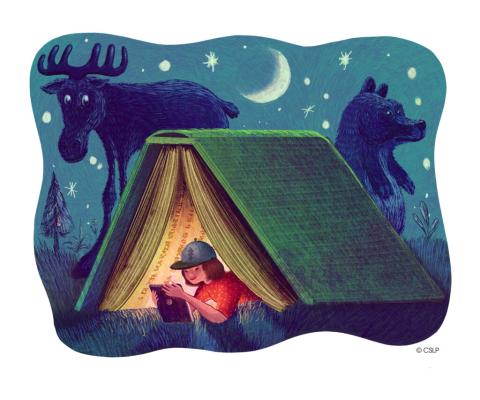 night with a crescent moon, a bear, and a moose behind a camping tent. A young person is inside the tent reading.  