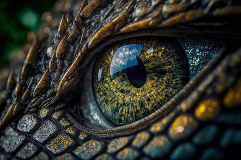 close up of a green dragons eye. 