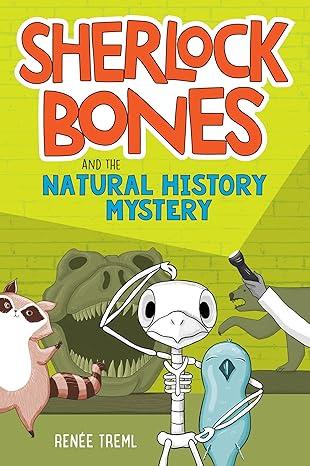 bird skeleton and a racoon are standing in front of a T-Rex skeleton. Sherlock bones looks ready to solve a mystery.