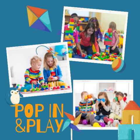 Pop in and play words. 3 pictures of young children playing with blocks and building toys.