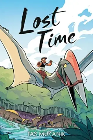 A young girl riding a pterosaur. The words Lost in Time above the duo.