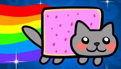 A cartoon cat dressed as a pink pop tart with a rainbow flying behind it. 