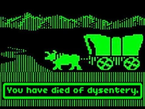 a covered wagon being pulled by oxen. The words "You have died of dysentery" appear below the wagon. 