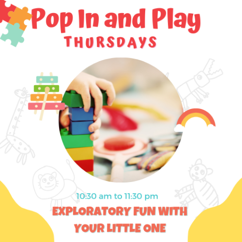 Pop in and play words. picture of young children playing with blocks and building toys.