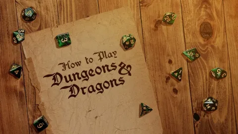 wood background with paper in fancy letters spelling How to Play Dungeons and Dragons
