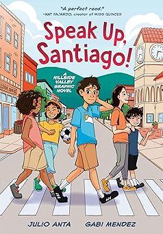 5 children of various gender, height, color, are walking at a crosswalk in a city.