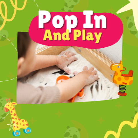 Words pop in and play in bold letters. A toddler has their hands playing in sand in a container.