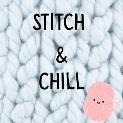 A background of knit stitches in a soft color. Stitch and chill in large print and a pink cartoon ball of yarn with a happy face is in the corner. 