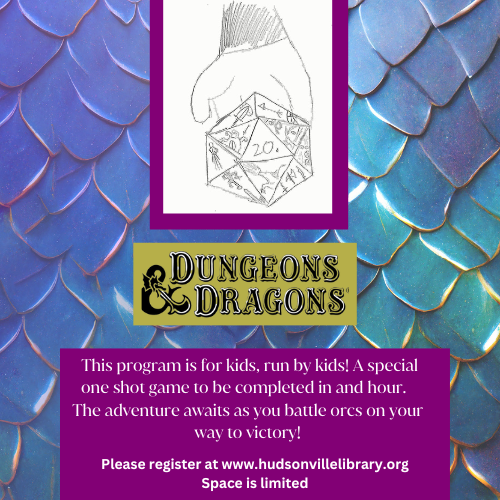 Hand with a 20 sided dice. D&D for Tweens. Dragon scales are in the background. Program is run by kids for kids!