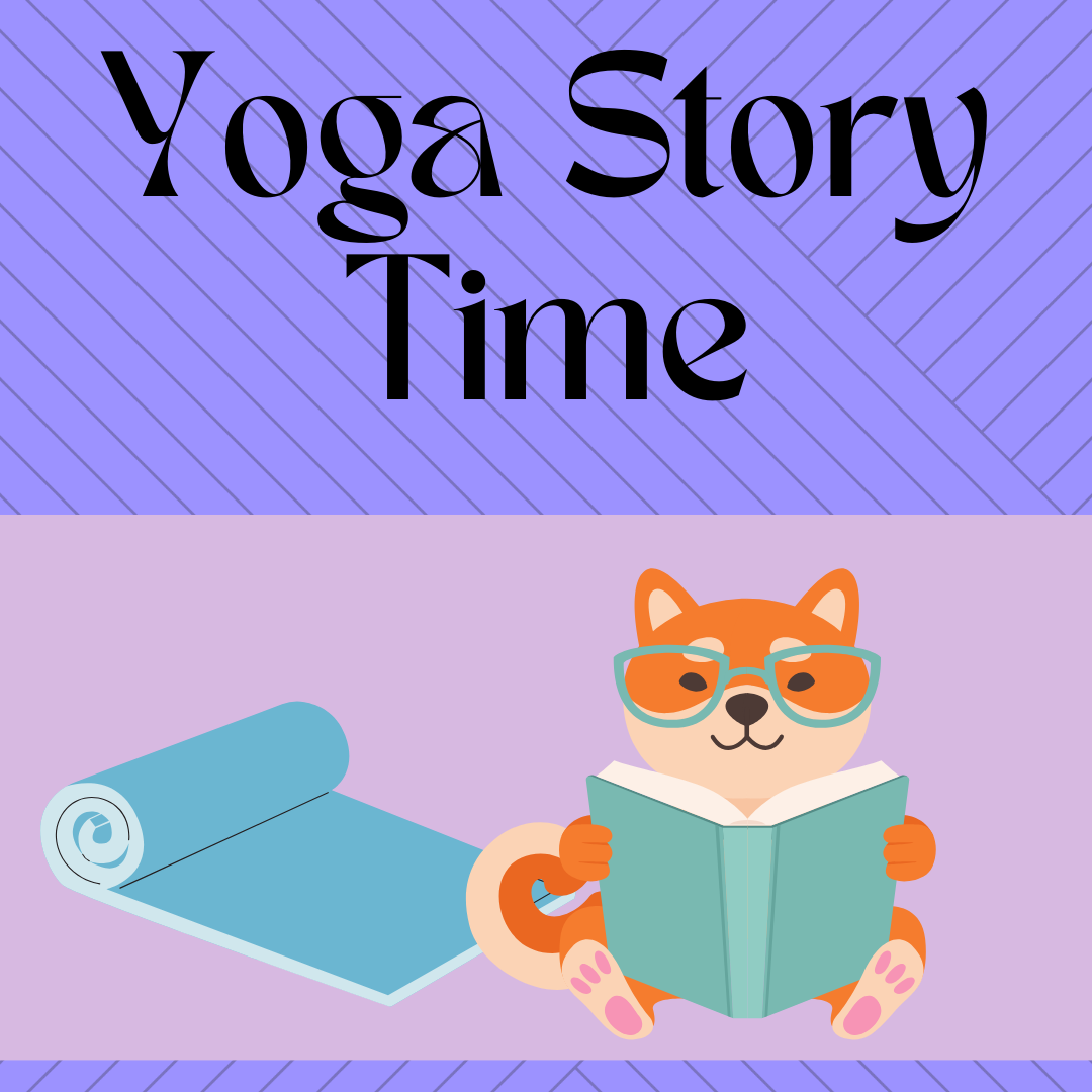 cute fox reading a book next to a yoga mat. Text says Yoga Storytime