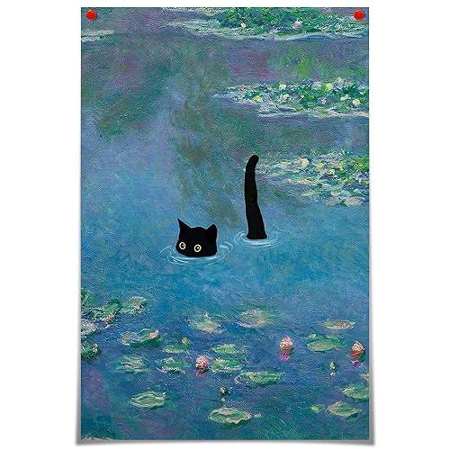 Classic painting of water lily plants and a small lake. A cat is swimmin in the water. 