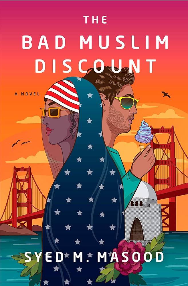 picture of a muslim girl wearing an american flag head scarf and a young muslim man in sunglasses and eating an ice cream cone. 