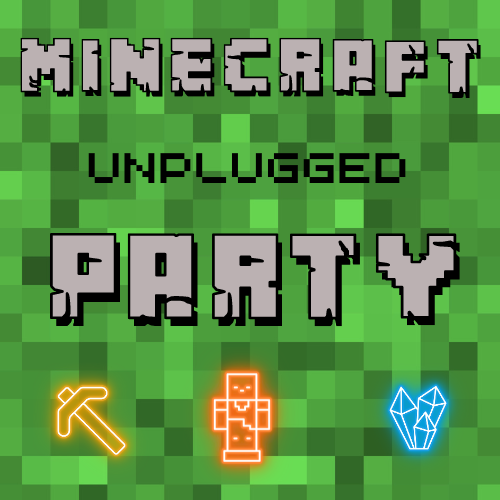 Green block background. Minecraft unplugged party written in stone letters. Neon color diamond, character and axe