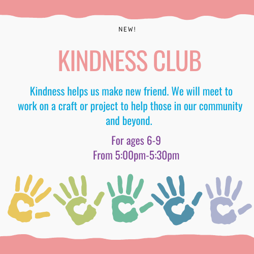 kindness club with hands of different colors that have hearts in the palm of the hand.