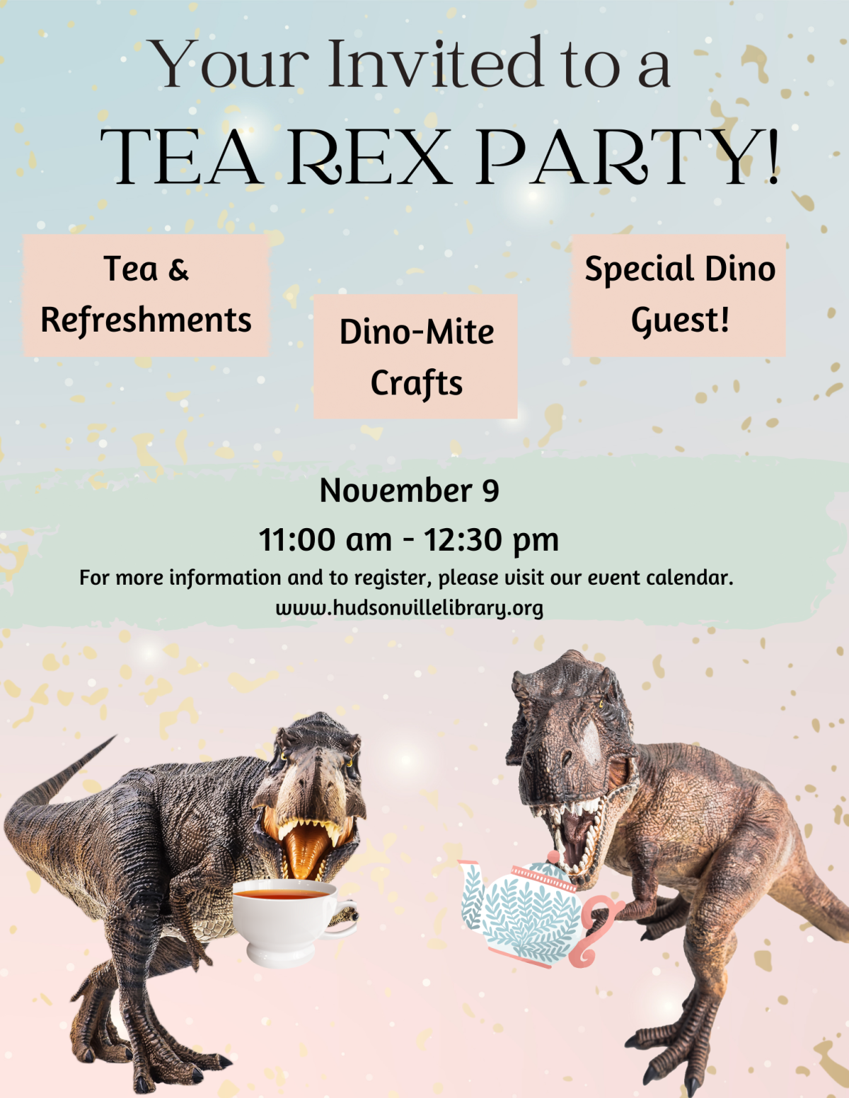 picture of t-rex holding a tea cup and one holding a tea pot. You are invited to a Tea Rex Party!