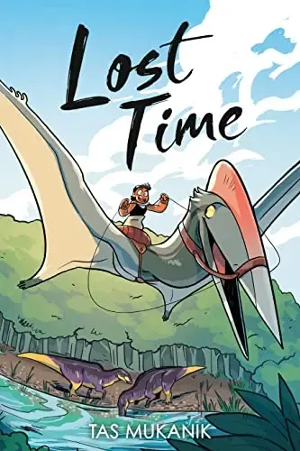 A young girl riding a pterosaur. The words Lost in Time above the duo.