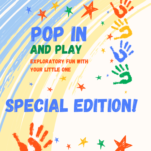 pop in and play special edition. childrens handprints in various colors. 